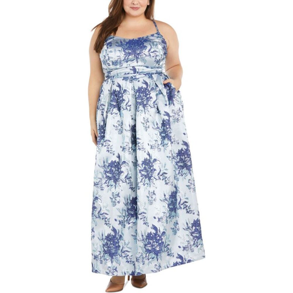 Morgan & Co Womens Plus Size Spaghetti Straps Pleated Maxi Gown Dress, NWT